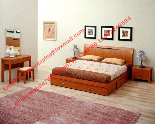 Apartment Furniture suite by Lift mechanism storage bed in Cherry wooden bedroom set with Armchair and coffee table