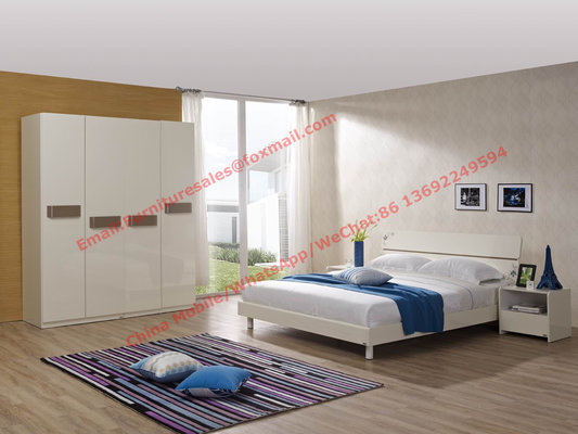 Cheap hotel interior design by modern white finish furniture in panel bed and nightstand with open door wardrobe