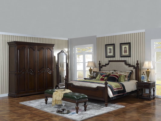 Sandalwood Bedroom set Classic style BT-2902 High fabric Upholstered headboard Wooden king size bed with Cloth Wardrobe
