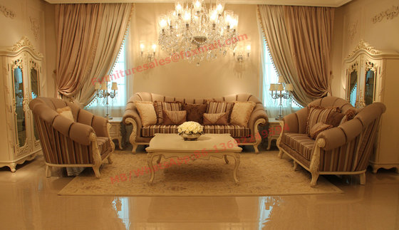 High End Romantic Sofa set made by Solid Wooden Frame with Leather and Fabric Cushion