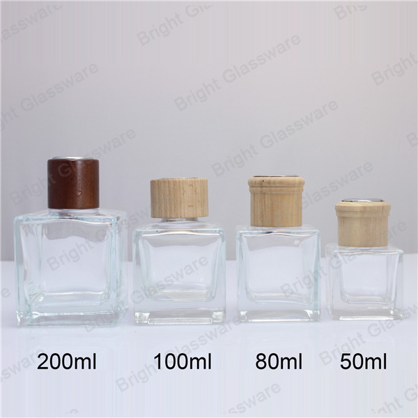 Custom 50ml 100ml 150ml 200ml Square Diffuser Bottle with Wooden Lid