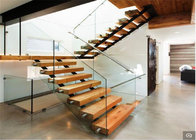 Double stringer wood glass tread staircase with spigot staircase railing tempered glass