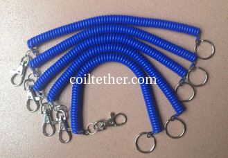 China Solid Blue 4mm PU Cord Dia Heavy Duty Tool Coil Lanyard Tether w/Split Ring&amp;Snap Hook supplier