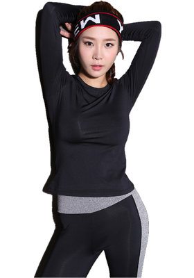 China CPG Global Women Pure Black Polyester Sexy Slim Fit Long Sleeves Round Collar Gym Running Sports T-Shirts S-L S42 supplier