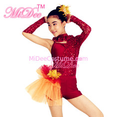 China Asymmetrical Jazz Dress Costumes One Sleeve Sequin Lace Dance Leotards Spandex Short With Side Suttles supplier