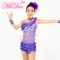 2 In 1 Jazz Tap Costumes Purple Sequin Dance Leotard Diagonal Ruffle Neck With Short Fringe Skirt supplier