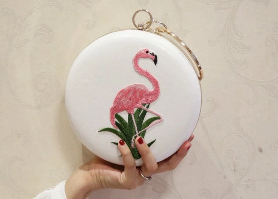China Trendy Cute Flamingos Embroidered Evening Bag With Sparkle Crystal Handle supplier