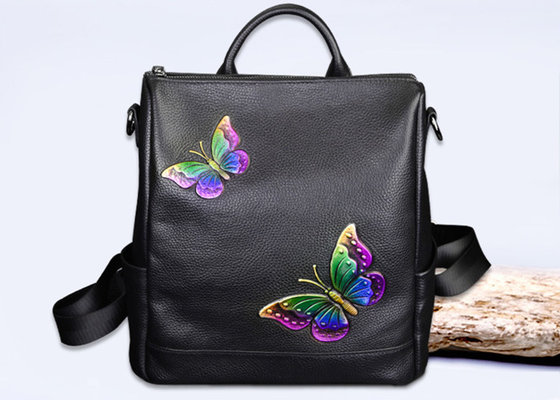 China Fashion Institute Ladies Leather Backpack For Women , Butterfly Embroidery Printing supplier