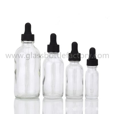 China 15ml,30ml,60ml,120ml,240ml,480ml Clear Boston Round Glass Bottles With Black Droppers supplier