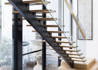 solid wooden tread straight stairs with tempered clear glass railing