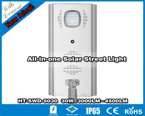 China Hitechled  30w All-in-one Solar Street Light with drawer, Lámpara LED solar de calle, éclairage solaire tout en un supplier