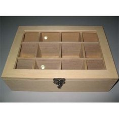 China Wooden tea boxes with 12 dividers, glass top, hinged &amp; clasp, pine box natural finish supplier