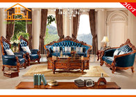 factory price high quality cheap antique luxury classic solid wood carved top grain leather blue sofa set for villa
