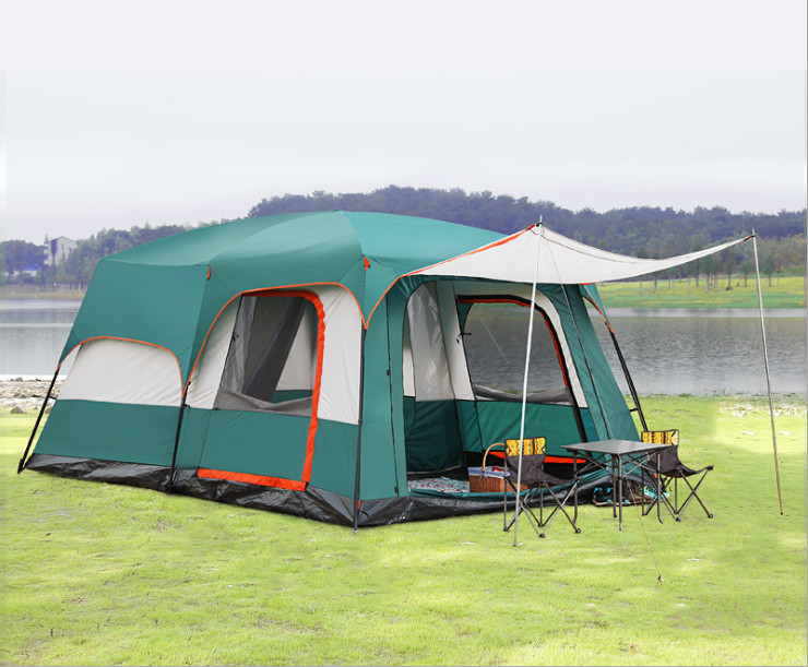 outdoor camping tent with 2 bed rooms and one living room one awning