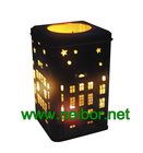 Square shape cookie tin box with hollow cut and secondary use as metal candle holder