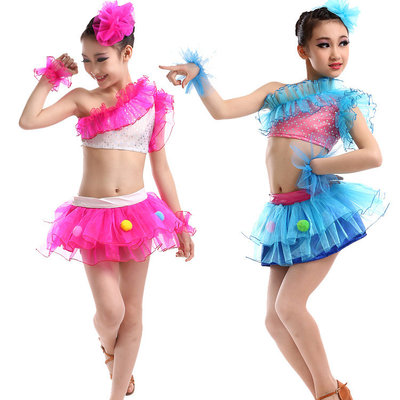 China Children inclined shoulder dance costumes girls fassion sequins Latin show dance suit supplier