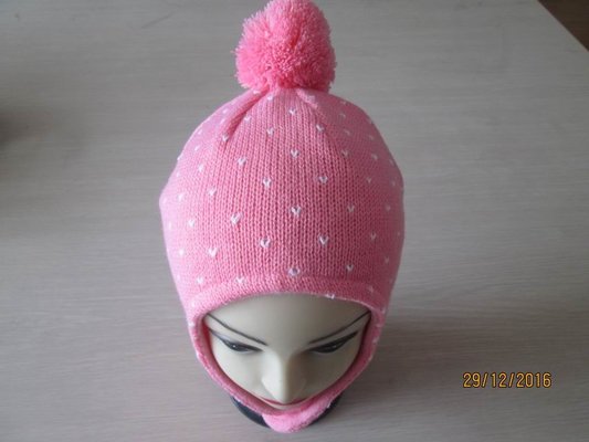 China Children's ear flap/hat with pompom  by 100% acrylic yarn with jacquard--fleece linging supplier