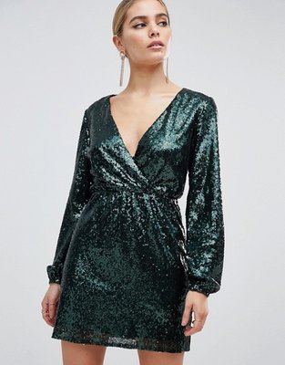China OEM sequin wrap front long sleeve green skater dress supplier