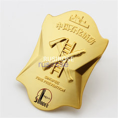 China Fire safety reward badge made to order, matte gold metal badges made to order, fire brigade badges supplier