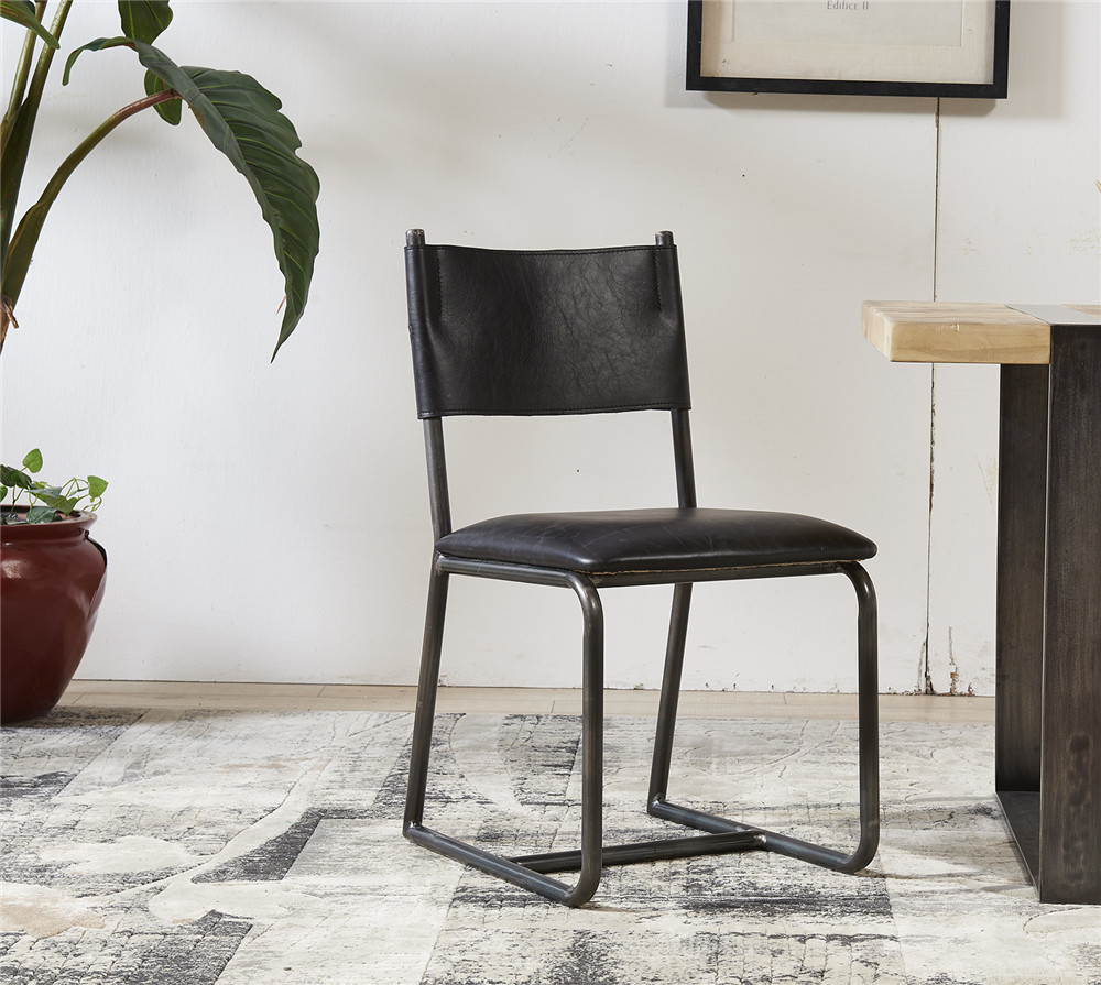 Vintage Top Genuine Black Leather Padded Dining Room Chairs Steel Frame European Style