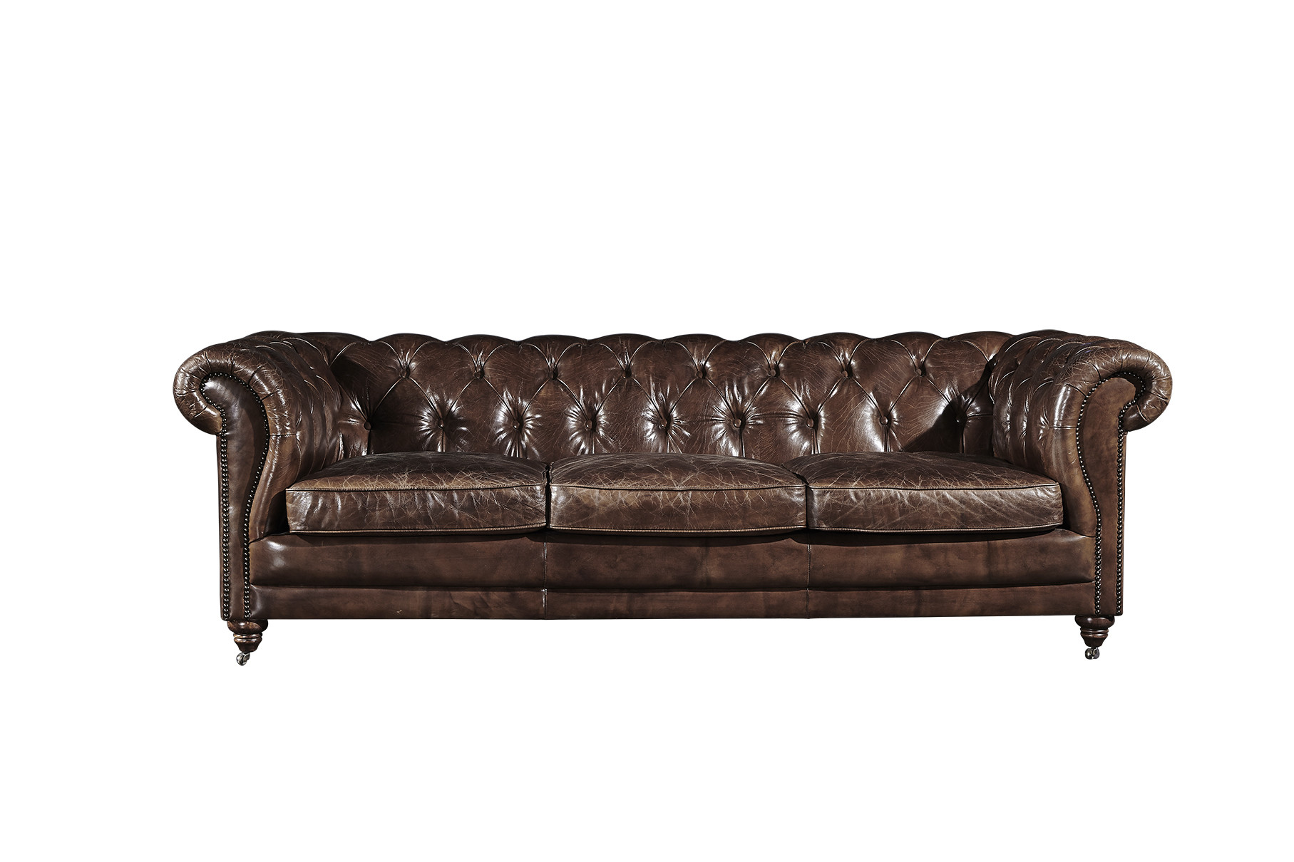 Full Handwork Vintage Cigar Leather Three Seater Chesterfield Sofa With Deep Buttons