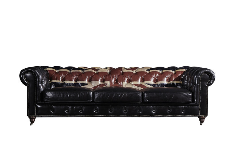 Europe Retro Black Three Seater Leather Chesterfield Couch With Union Jack