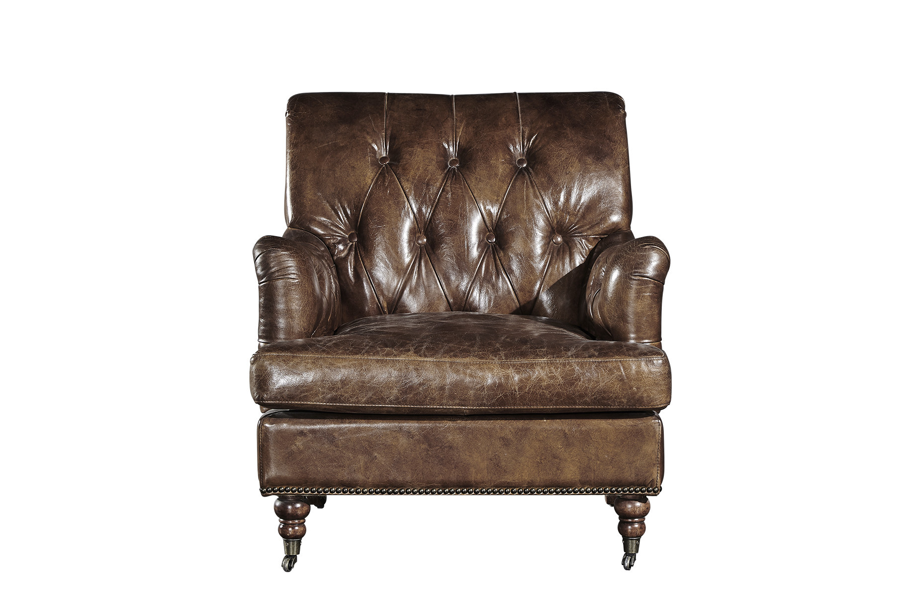Durable High Back Vintage Top Grain Brown Leather Armchair Living Room Furniture