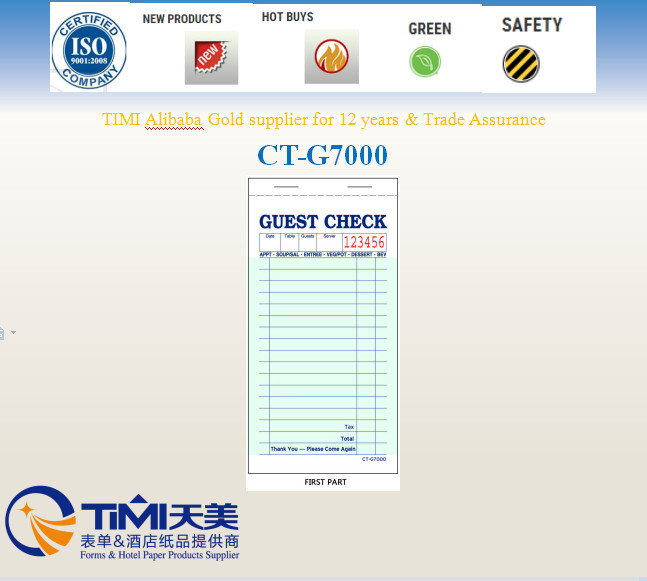 HOT CT-G7000 guest checks 2parts ,green color,carbonless paper for restanrant use