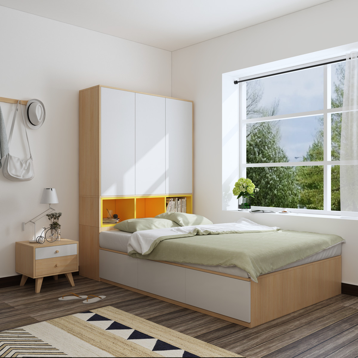 Modern china home furniture bedroom set, MDF furniture bedroom white latest  bed with wall cabinet