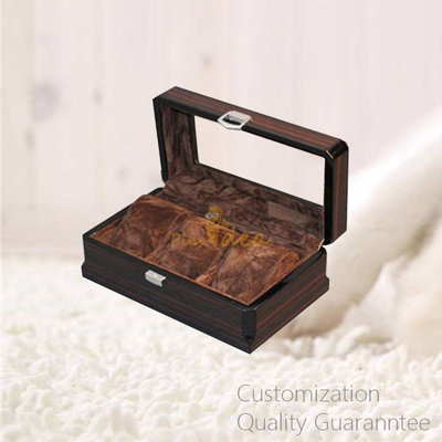 China Luxury High Gloss Ebony Wooden Watch Display Storage Gift Box with 3 Slots, with Glass Window on Lid. supplier