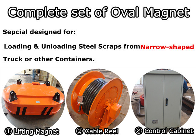 Oval-shape Lifting Electromagnet for Steel scraps loading from Narrow-shaped Container