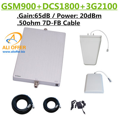 China 65dB GSM DCS 3G 900 1800 2100 MHz Tri Band Cellular Phone Signal Booster Repeater Amplifier+LPDS+Panel Antenna+15m 7D-FB supplier