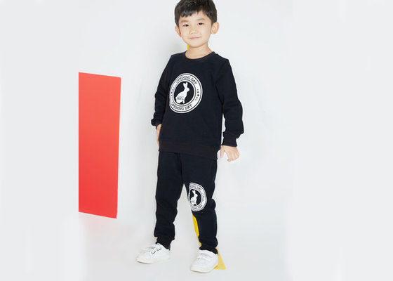 China Black Kids Boys Clothes Boys Crew Neck Sweater And Long Pant Big Rubber Printing supplier