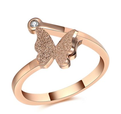 China Rose Gold Butterfly Rings for Girl Diamond Finger Ring for Lady Stainless Steel Frosted Gold Ring supplier