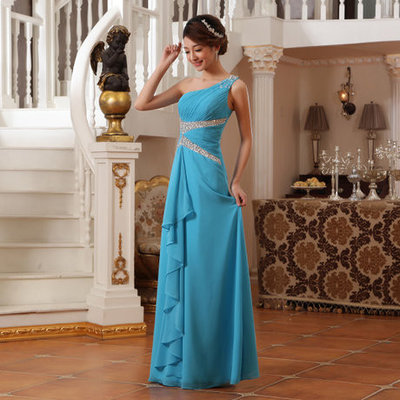 China Chiffon Bridesmaid Dress Long Section One Shoulder Dress Beading Sashes Evening Dress supplier