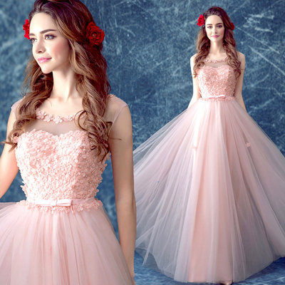 China Pink Appliques Decoration Crepe Bow Bridal Dress Gorgeous Evening Dress TSJY089 supplier