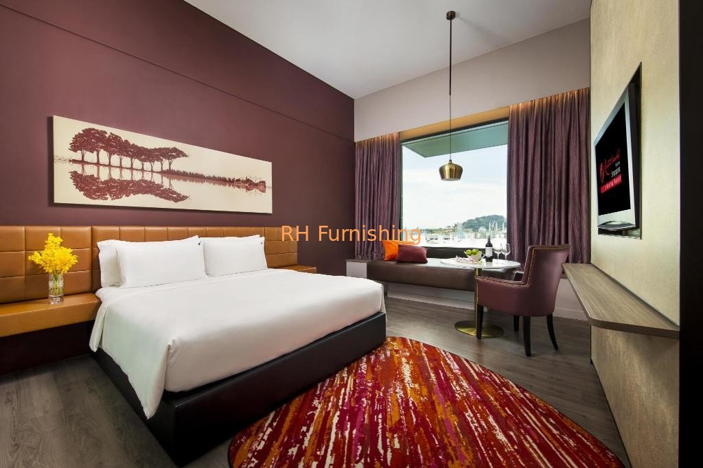 Hotel style apartment furniture Leather upholstered headboard king size bed and HPL desk with TV tables supplier