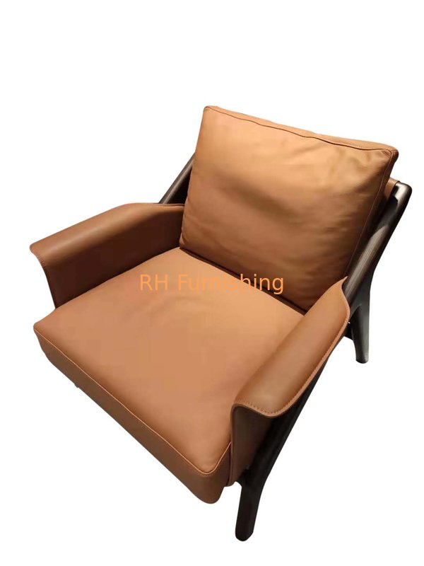 Down feather filled in Leather upholstered cushion Armchair sofa with Oak wood frame for Hotel lobby reception furniture supplier