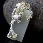925 Sterling Silver Sculptured Flower Bird Natural Jade Pendant Necklace (DZ011049)