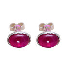 Women Retro 925 Sterling Silver Oval Synthetic Ruby Stud Earrings (041681)