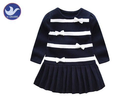 Crew Neck Girls Knitted Dress Long Sleeves Pleated Stripes Butterfly Knot Girls