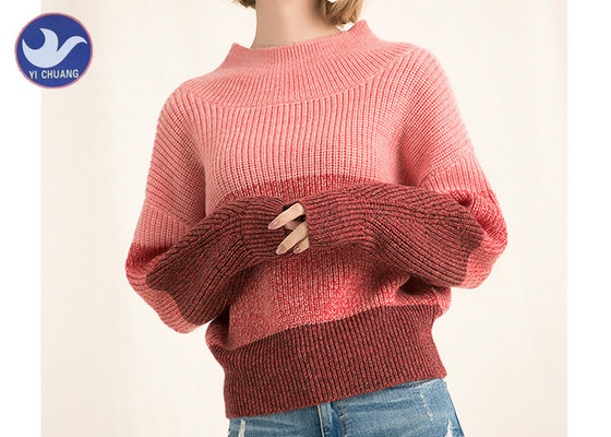 Sexy Off Shoulder Womens Knit Pullover Sweater , Pink Stripes Winter Knitted Jumpers