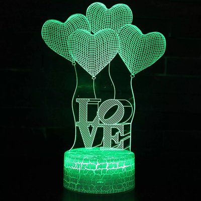 Love & Heart Shape LED 3D Optical Illusion Smart 7 Colors Night Light Table Lamp with USB Cable