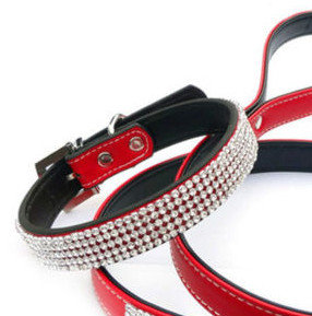 Custom made Red Diamonds PU Leather Dog Pet Collars Leash XS M L Size