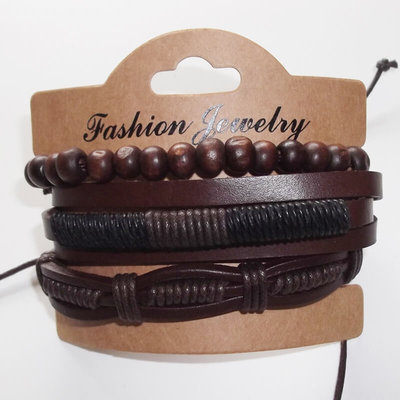 China Leather Bracelet Set of Wooden Beads Strand and Braided Leather Bangle Adjustable length 5.5 inch for men and women supplier