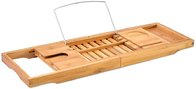 Bath Tray Bamboo Bathtub Caddy with Extending Sides, Mug Wineglass Smartphone Holder, Metal Frame Book Pad Tablet Holder